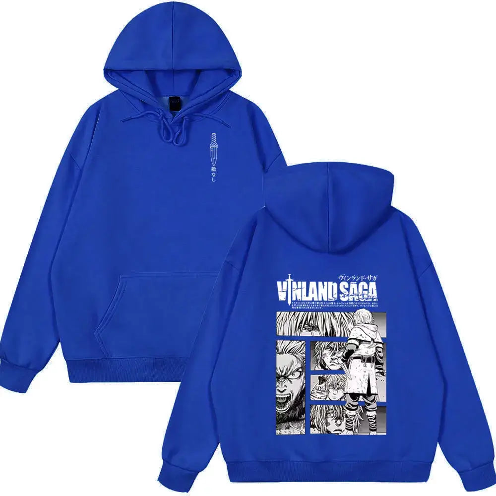 Royal blue vinland saga thorfinn oversized hoodie with black and white manga graphic on back and sword design on chest