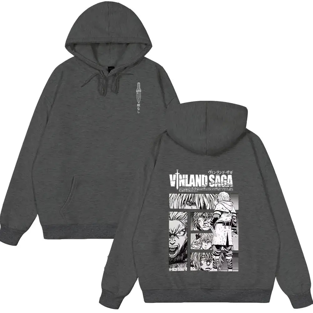 Dark gray vinland saga thorfinn oversized hoodie with black and white anime artwork on back and sword graphic on chest