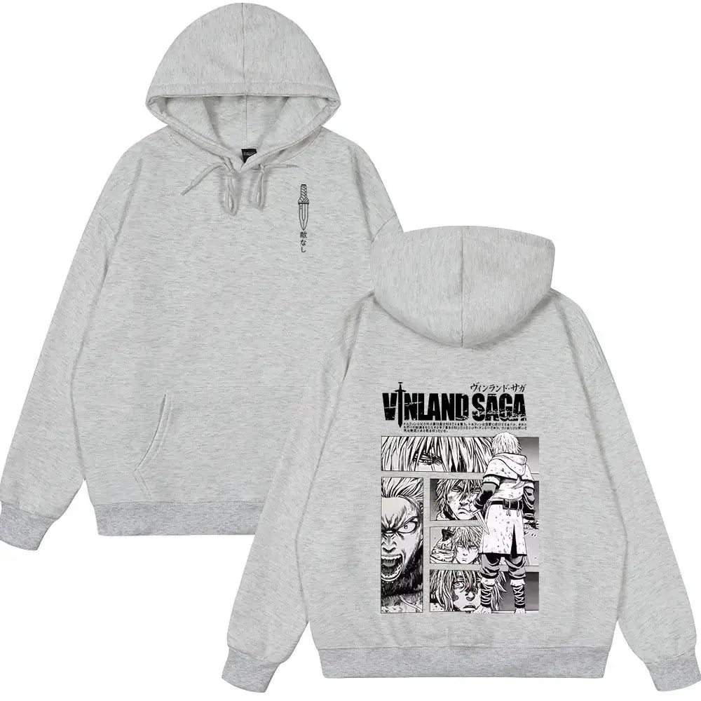 Back of gray heathered vinland saga thorfinn oversized hoodie with black and white anime artwork and chest knife graphic