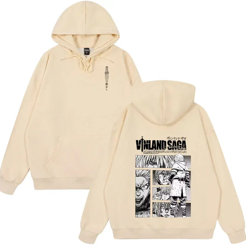 Cream-colored oversized hoodie with vinland saga thorfinn karlsefni manga graphic on back and dagger chest print