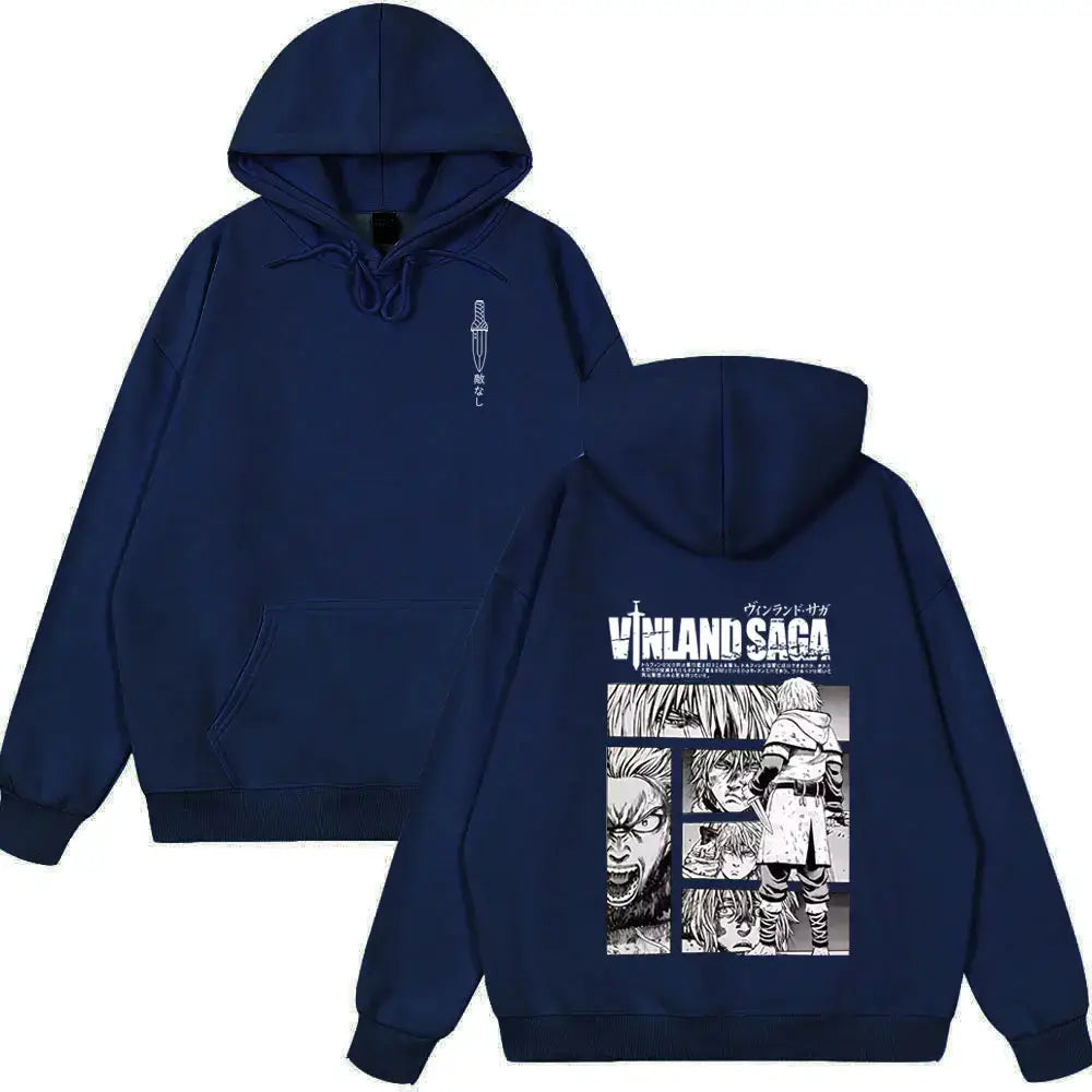 Navy blue vinland saga thorfinn oversized hoodie with white character panels on back and small sword illustration on chest