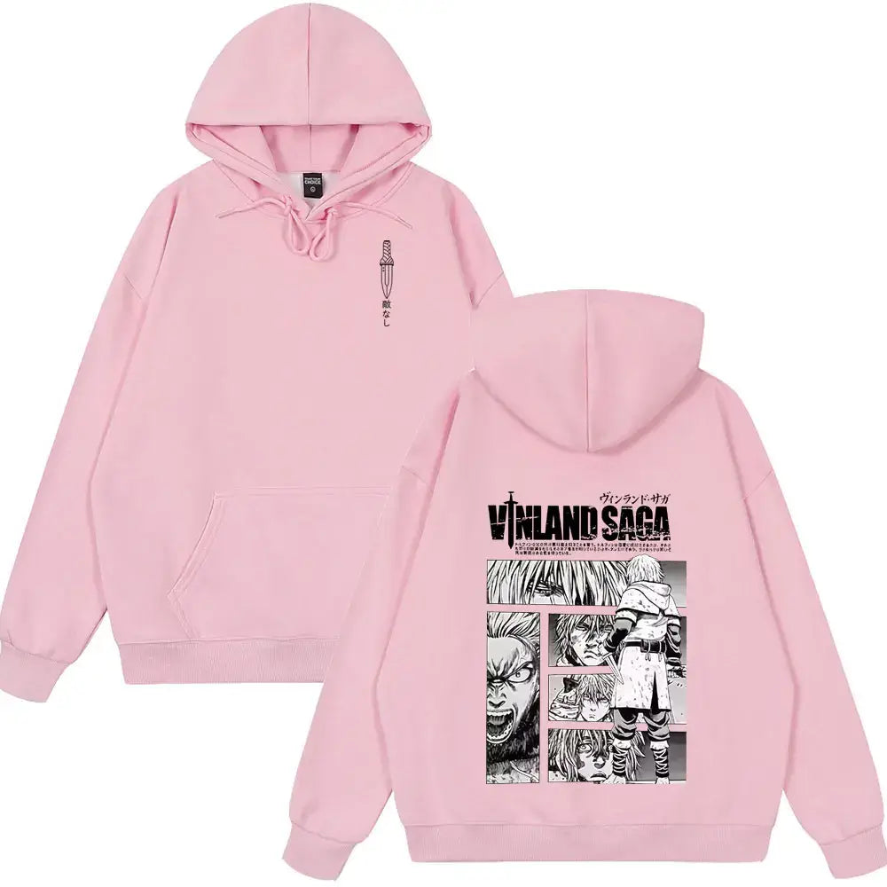 Pink oversized vinland saga thorfinn karlsefni hoodie with black and white manga graphic and japanese text on back