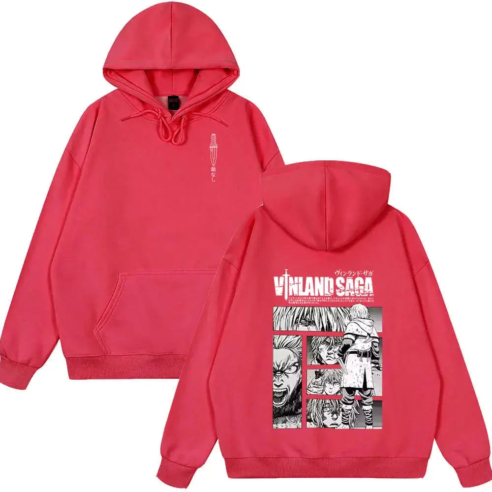 Back view of vibrant red vinland saga thorfinn karlsefni oversized hoodie with black and white manga graphic and sleeve knife design