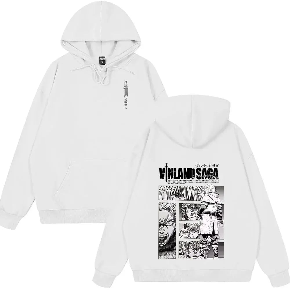 White oversized vinland saga thorfinn karlsefni hoodie with black manga artwork on back and knife graphic on chest
