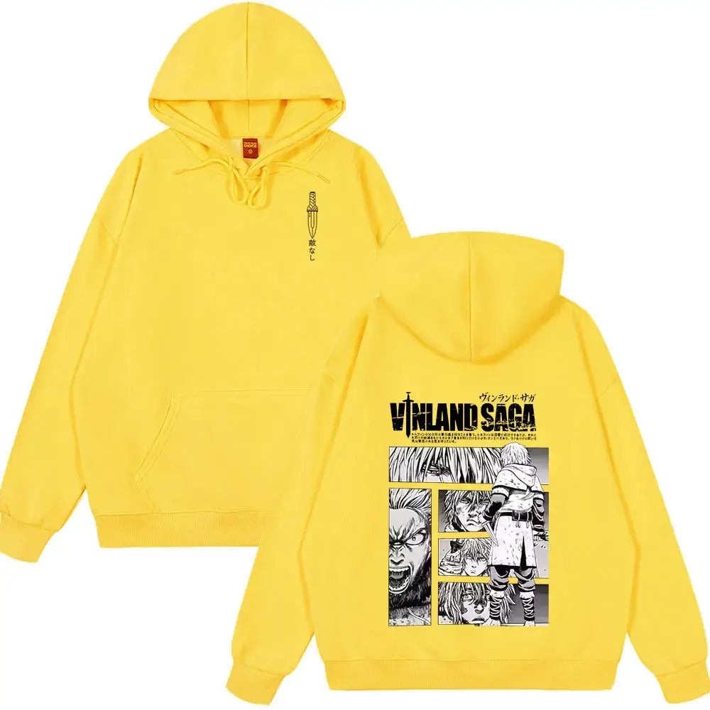 Bright yellow oversized vinland saga thorfinn hoodie with black and white manga panel on back and dagger graphic front