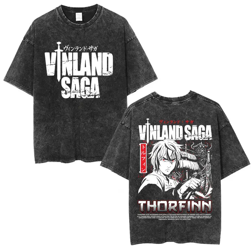 Black distressed cotton vinland saga thorfinn oversized t-shirt featuring thorfinn karlsefni artwork on front