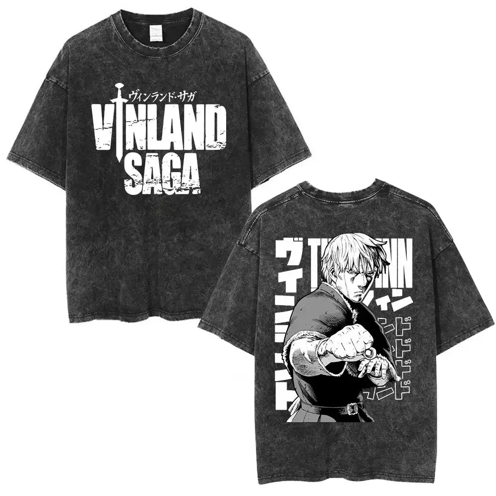 Black distressed cotton vinland saga thorfinn oversized t-shirt with white graphic and anime print front and back