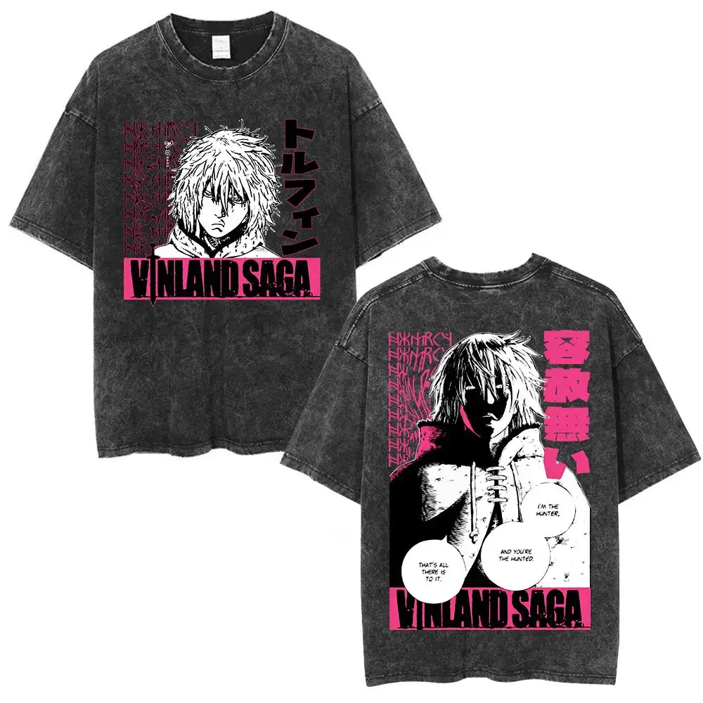 Black distressed cotton t-shirt featuring bold vinland saga thorfinn graphic with pink and white text accents