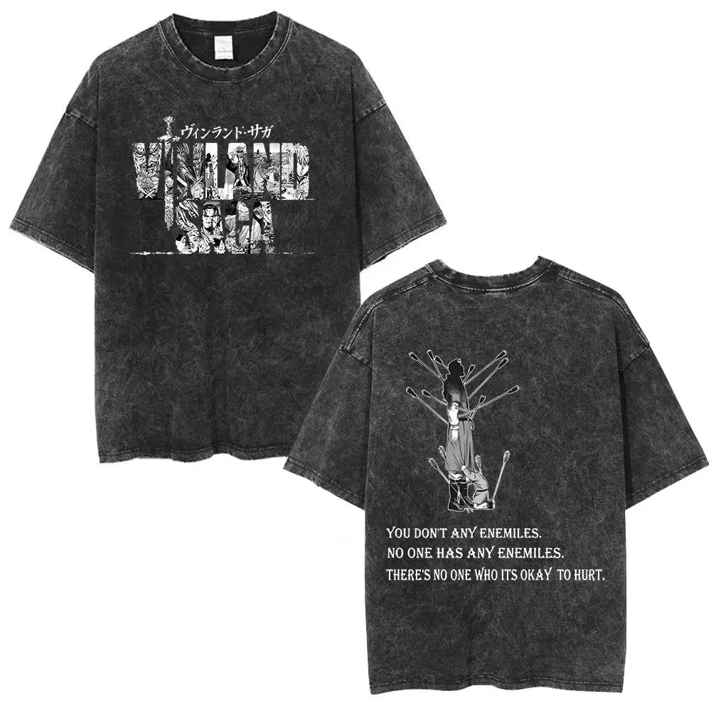 Black distressed cotton thorfinn karlsefni oversized t-shirt with vandread anime graphic front and illustration back view