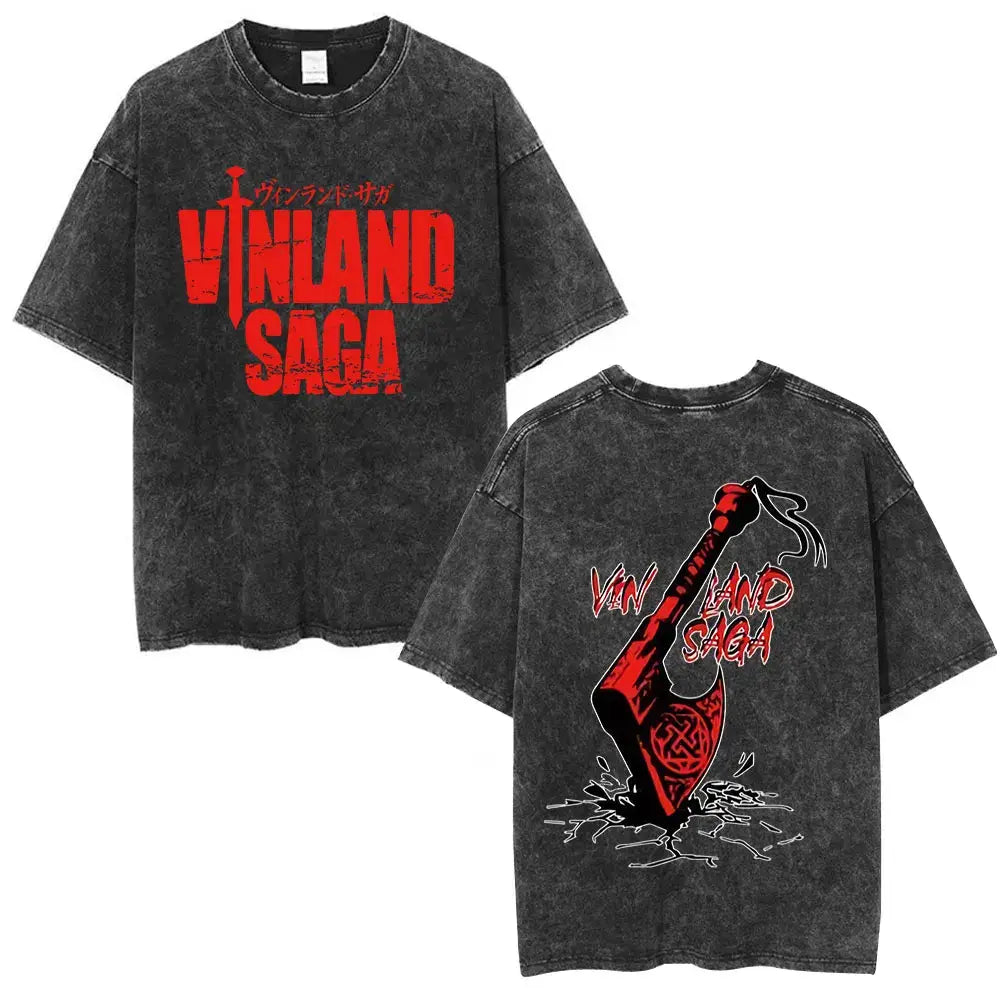 Black distressed cotton thorfinn karlsefni oversized t-shirt with bold red vinland saga sword and axe graphics front and back