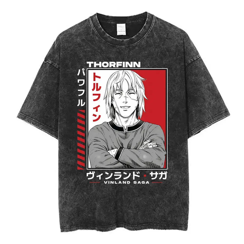 Black distressed cotton vinland saga thorfinn karlsefni oversized t-shirt with red and white graphic text