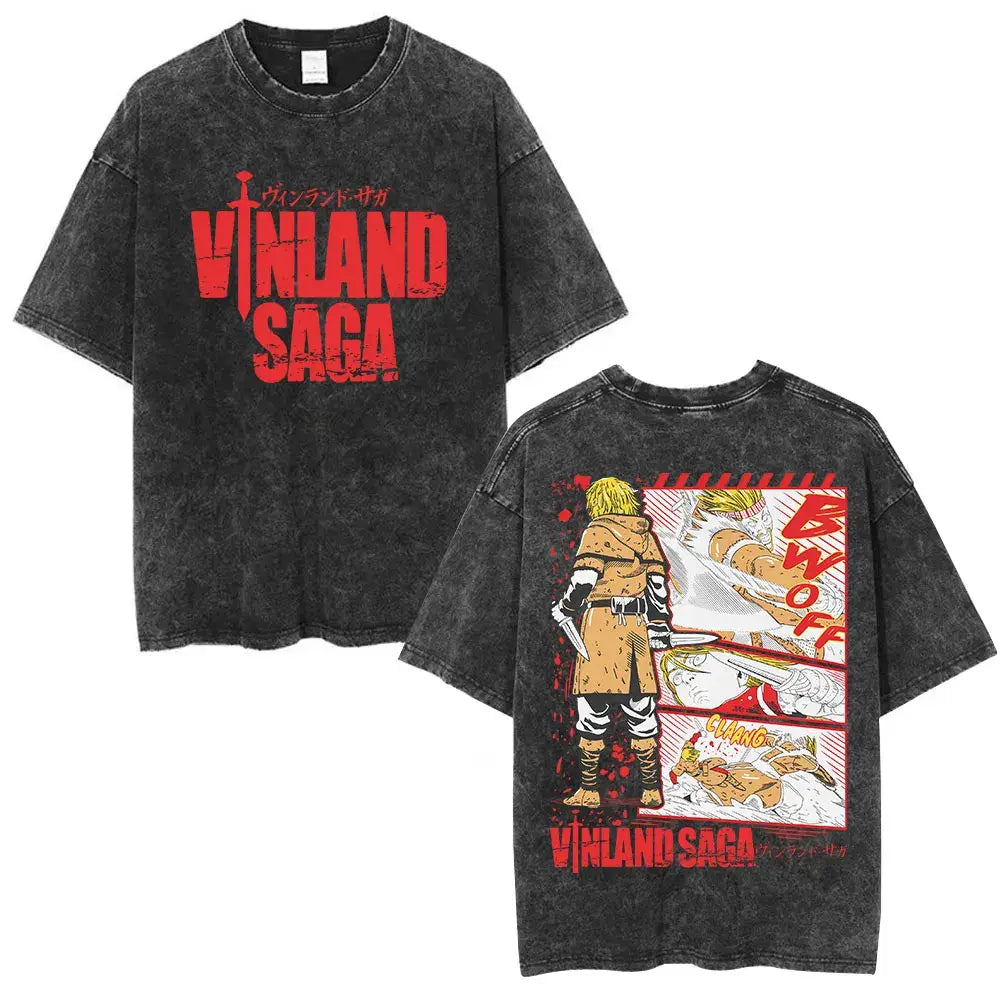 Back of black distressed cotton vinland saga thorfinn karlsefni oversized t-shirt with bold red text and anime graphic