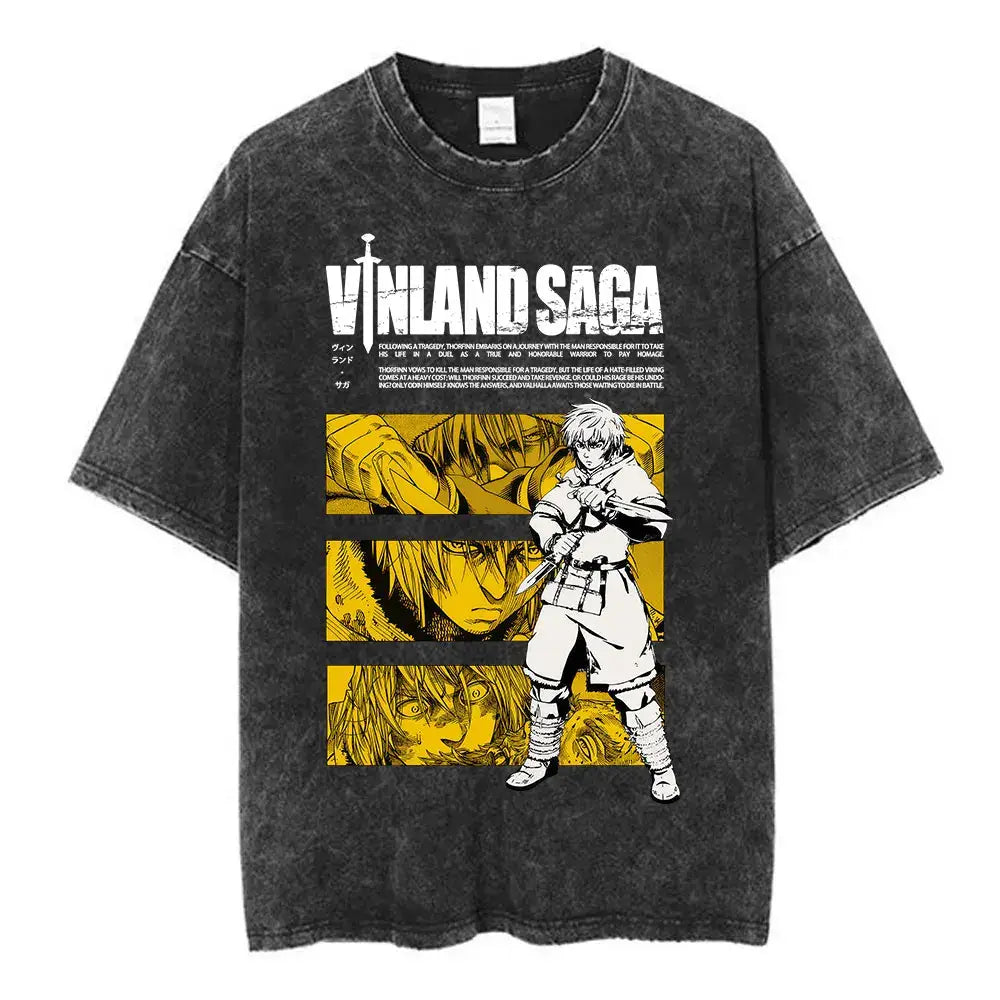 Black distressed cotton t-shirt with bold vinland saga thorfinn graphic in yellow and white anime style illustrations