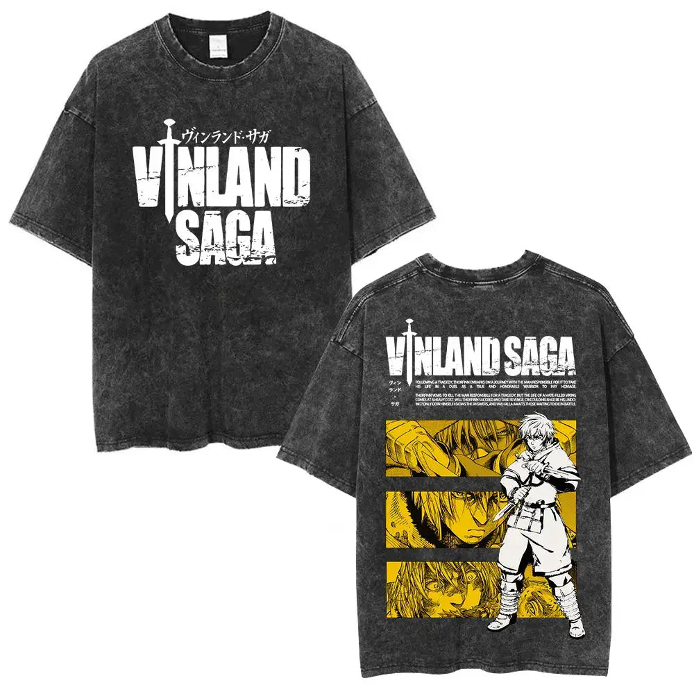 Black distressed cotton vinland saga thorfinn karlsefni oversized t-shirt with white text and yellow manga back design