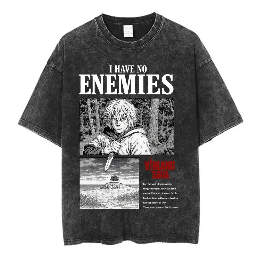 Black distressed cotton thorfinn karlsefni oversized t-shirt with vinland saga graphic and i have no enemies text