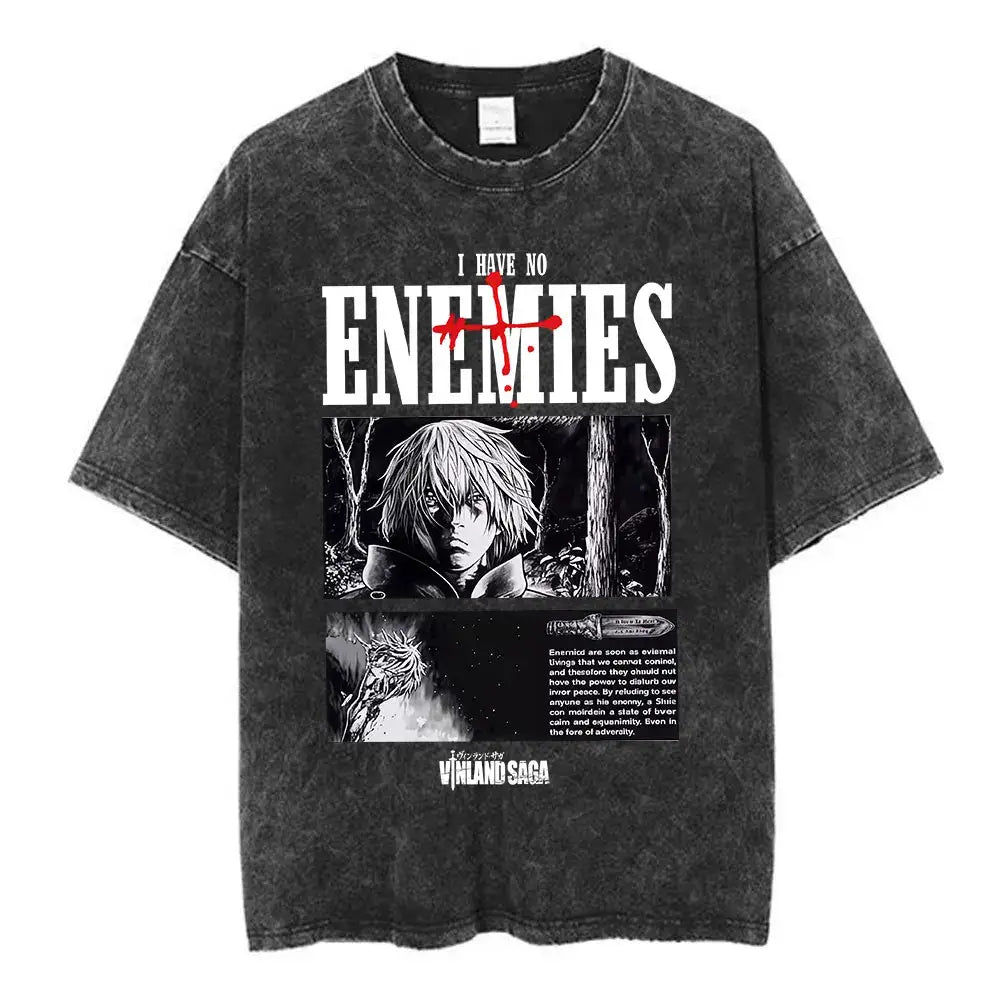 Black distressed cotton vinyl saga thorfinn oversized t-shirt with white i have no enemies graphic and red splatter accents