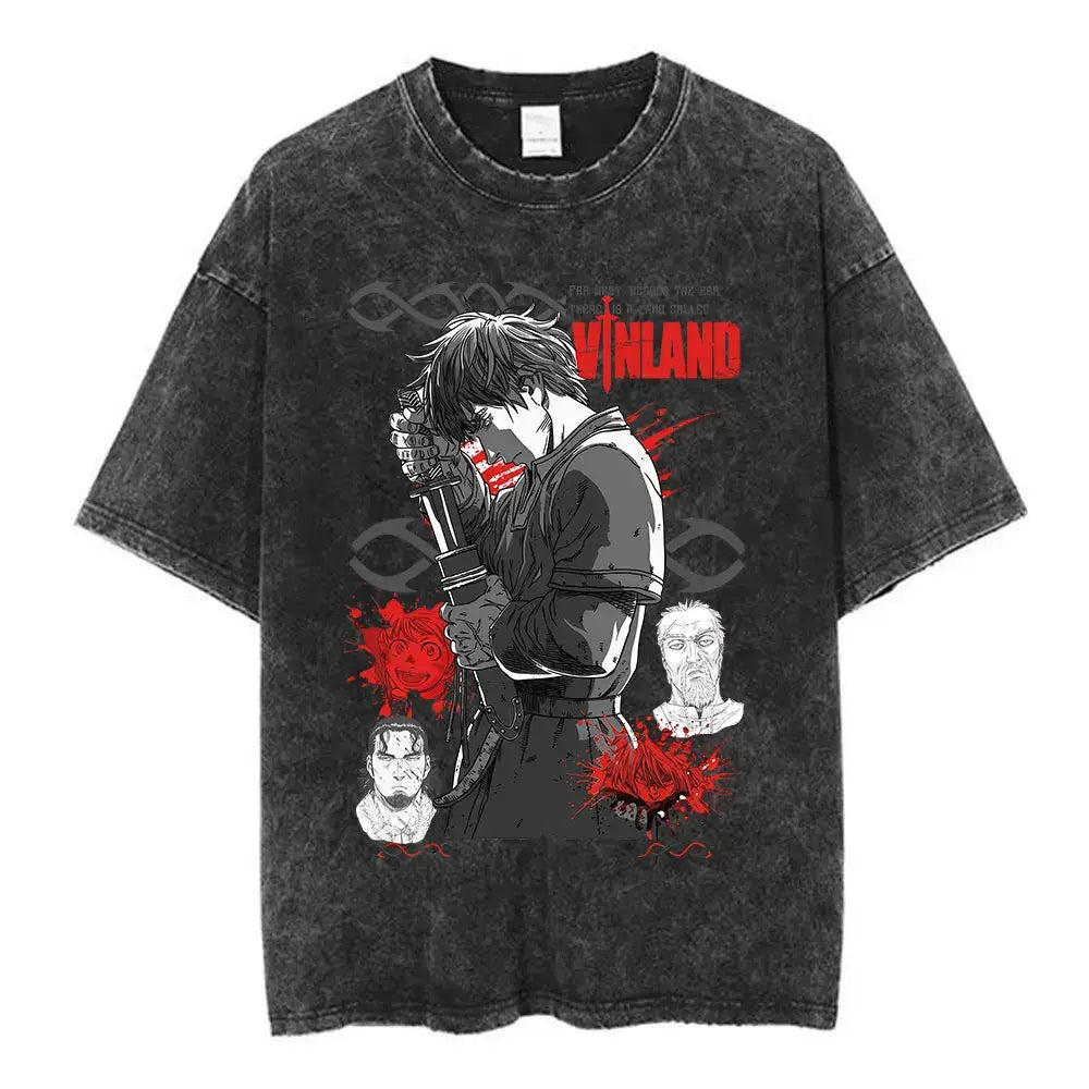 Black distressed cotton vinland saga thorfinn oversized t-shirt featuring anime graphic and red vinland text