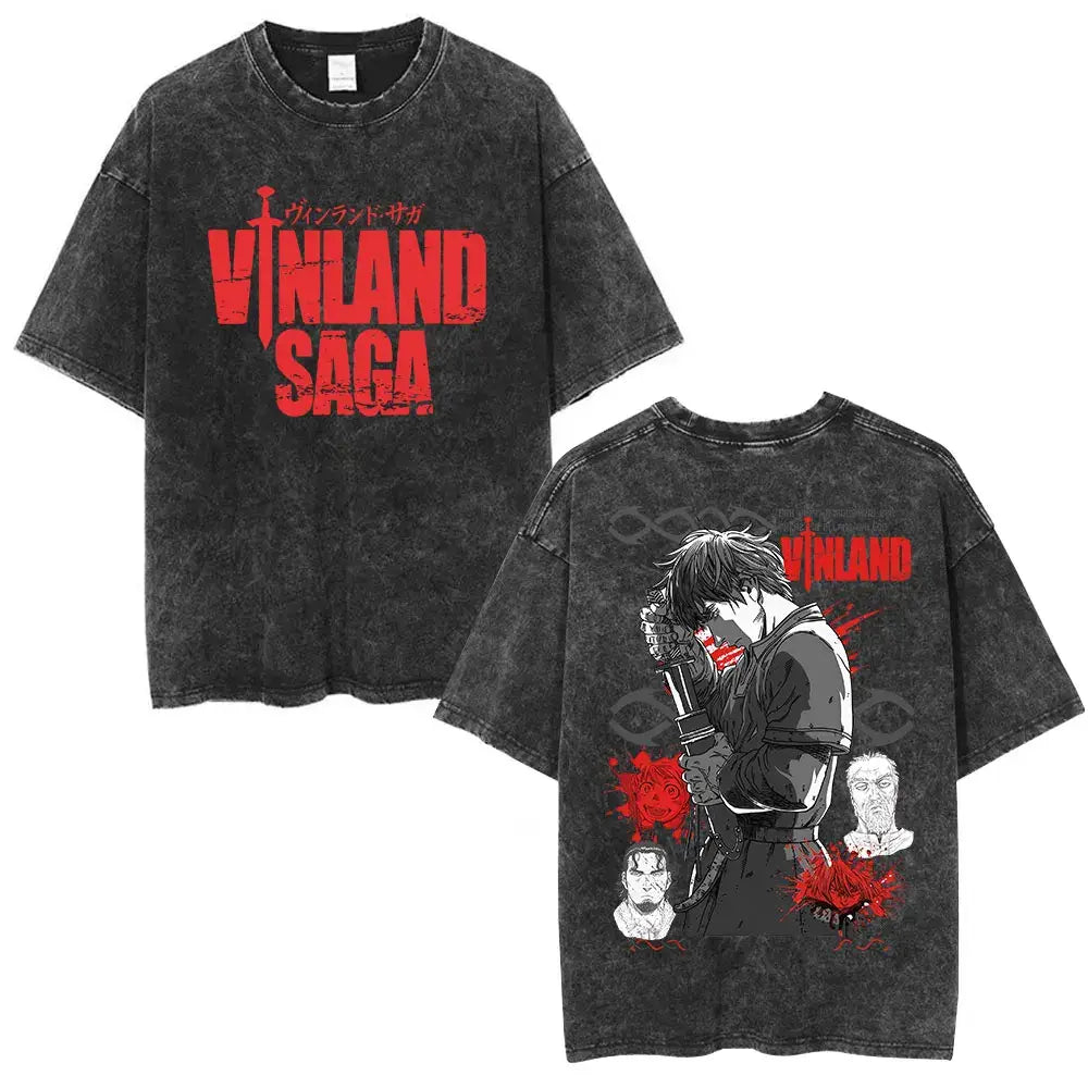 Black distressed cotton t-shirt featuring bold red vinland saga thorfinn text and anime graphics front and back