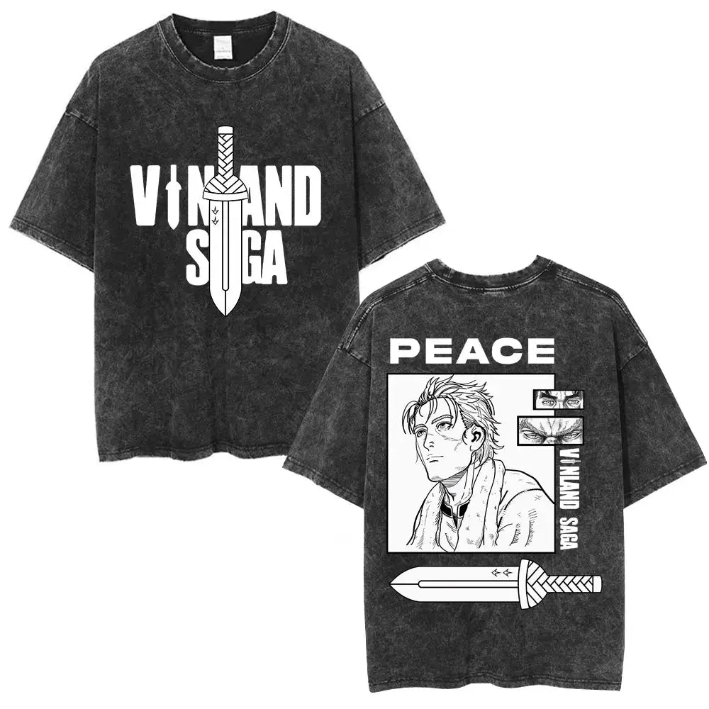 Black distressed cotton vinland saga thorfinn karlsefni oversized t-shirt with white graphics on front and back