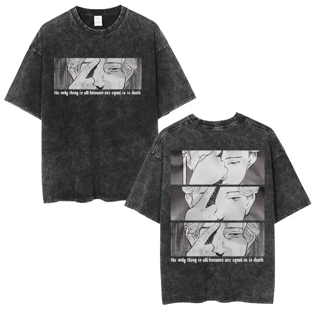 Black distressed cotton thorfinn karlsefni oversized t-shirt with anime graphic and death equality text from vinland saga
