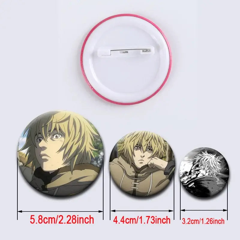 Vinland saga thorfinn lapel pin with circular glossy anime character badges and pink-edged backing in various sizes