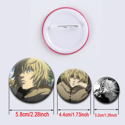 Vinland saga thorfinn lapel pin with circular glossy anime character badges and pink-edged backing in various sizes