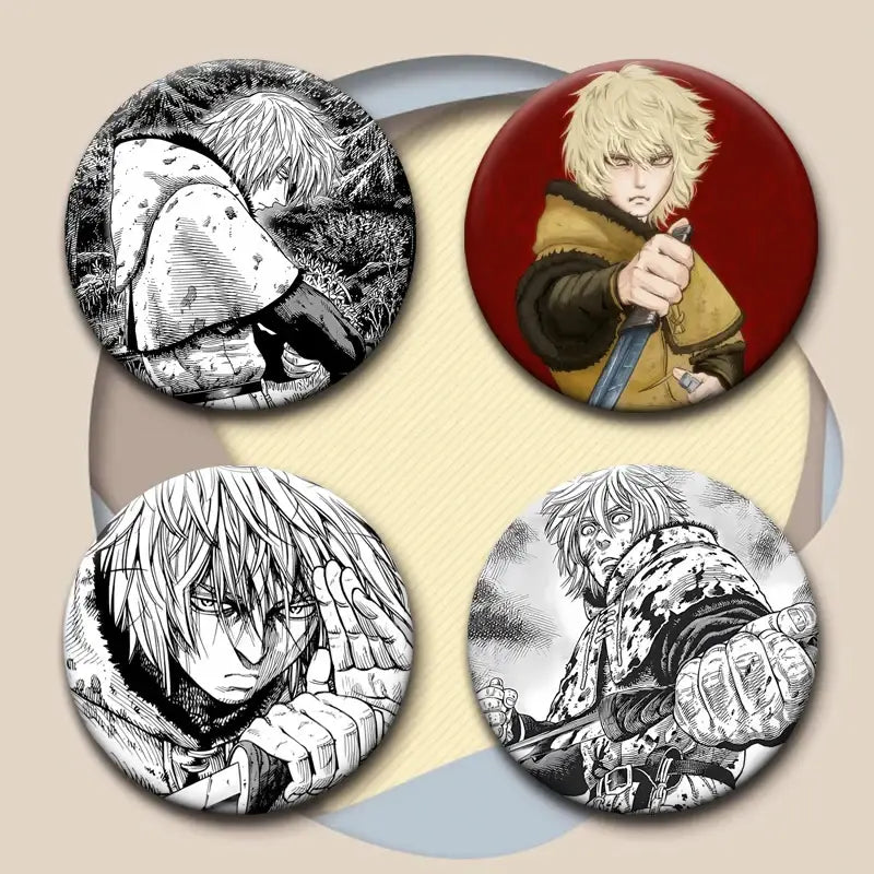 Set of four glossy round snap-in brooches featuring vinland saga thorfinn black-and-white and colored pins