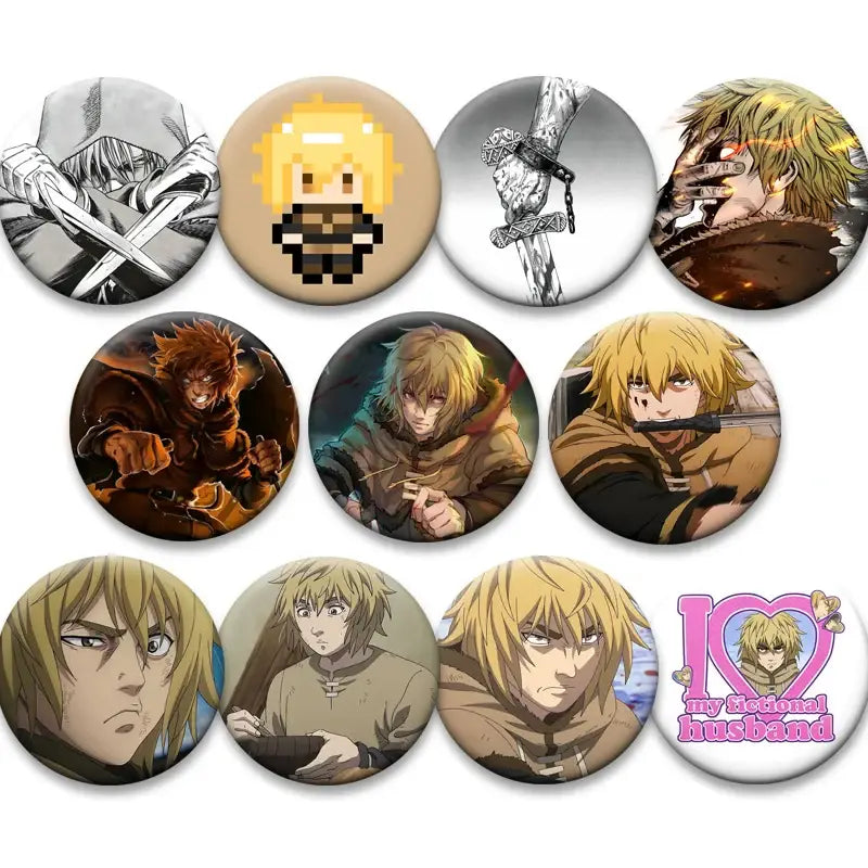Set of ten vinland saga thorfinn round snap-in lapel pins featuring blonde-haired protagonist in various styles
