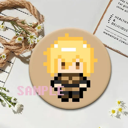 Circular beige coaster featuring a pixel art vinland saga thorfinn character with black and brown attire for saga thorfinn lapel pin