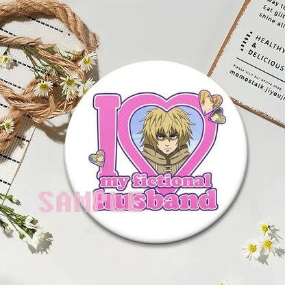 White circular vinland saga thorfinn lapel pin with pink i heart my fictional husband design and anime illustration