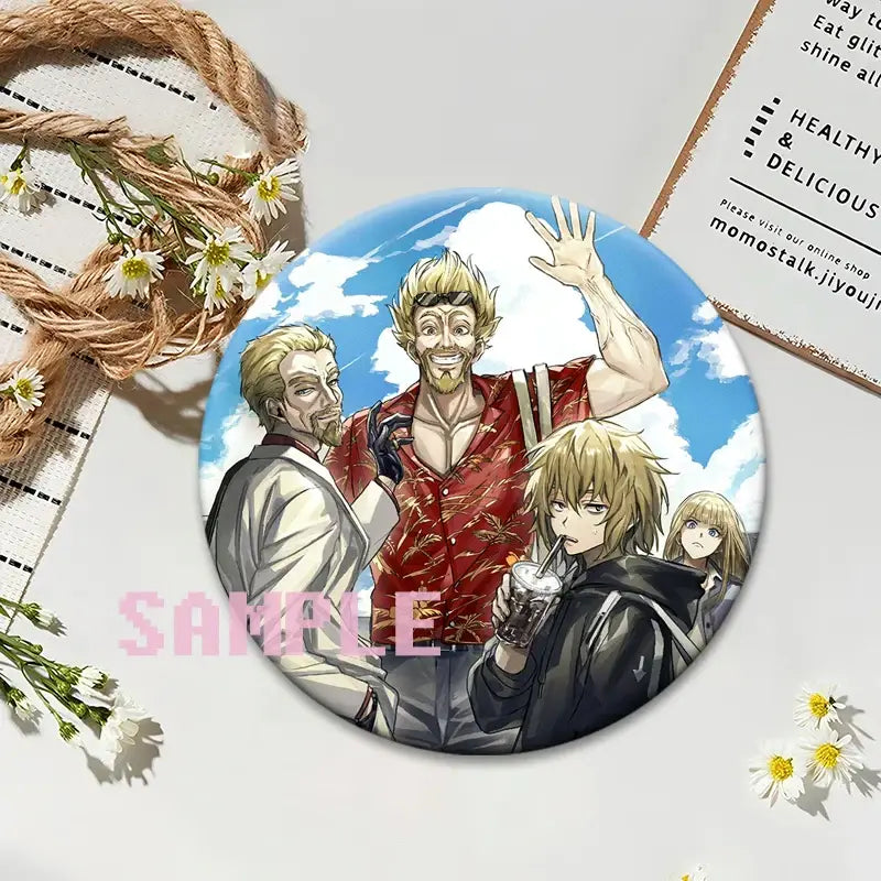 Circular vinland saga thorfinn lapel pin featuring anime characters with blue sky and clouds background in round snap-in design