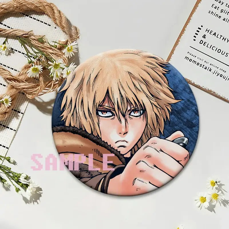 Circular vinland saga thorfinn lapel pin featuring detailed blonde anime character on glossy round snap-in brooch
