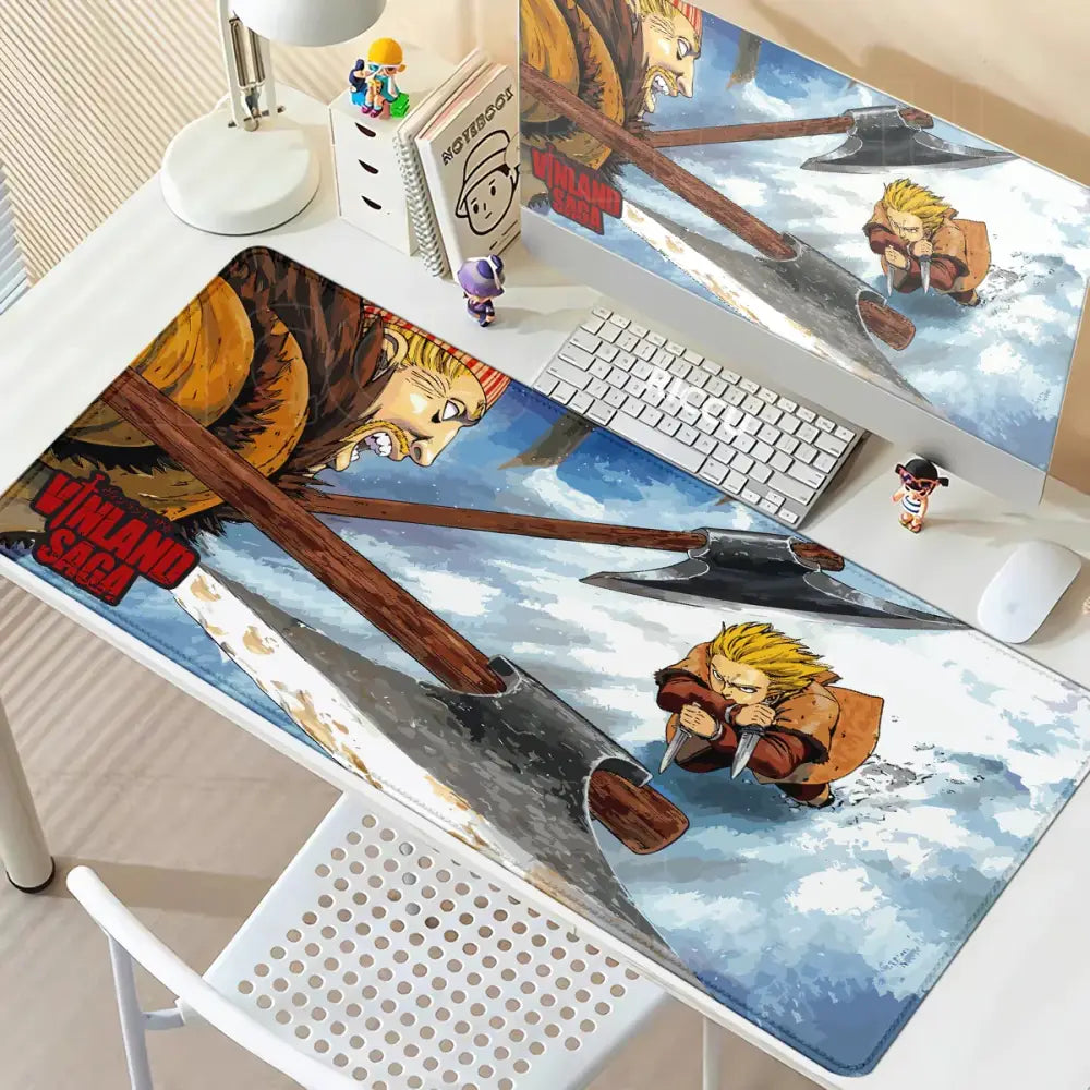Vinland saga thorfinn mouse pad featuring dynamic axe-wielding characters on a snowy backdrop with anti-slip rubber base