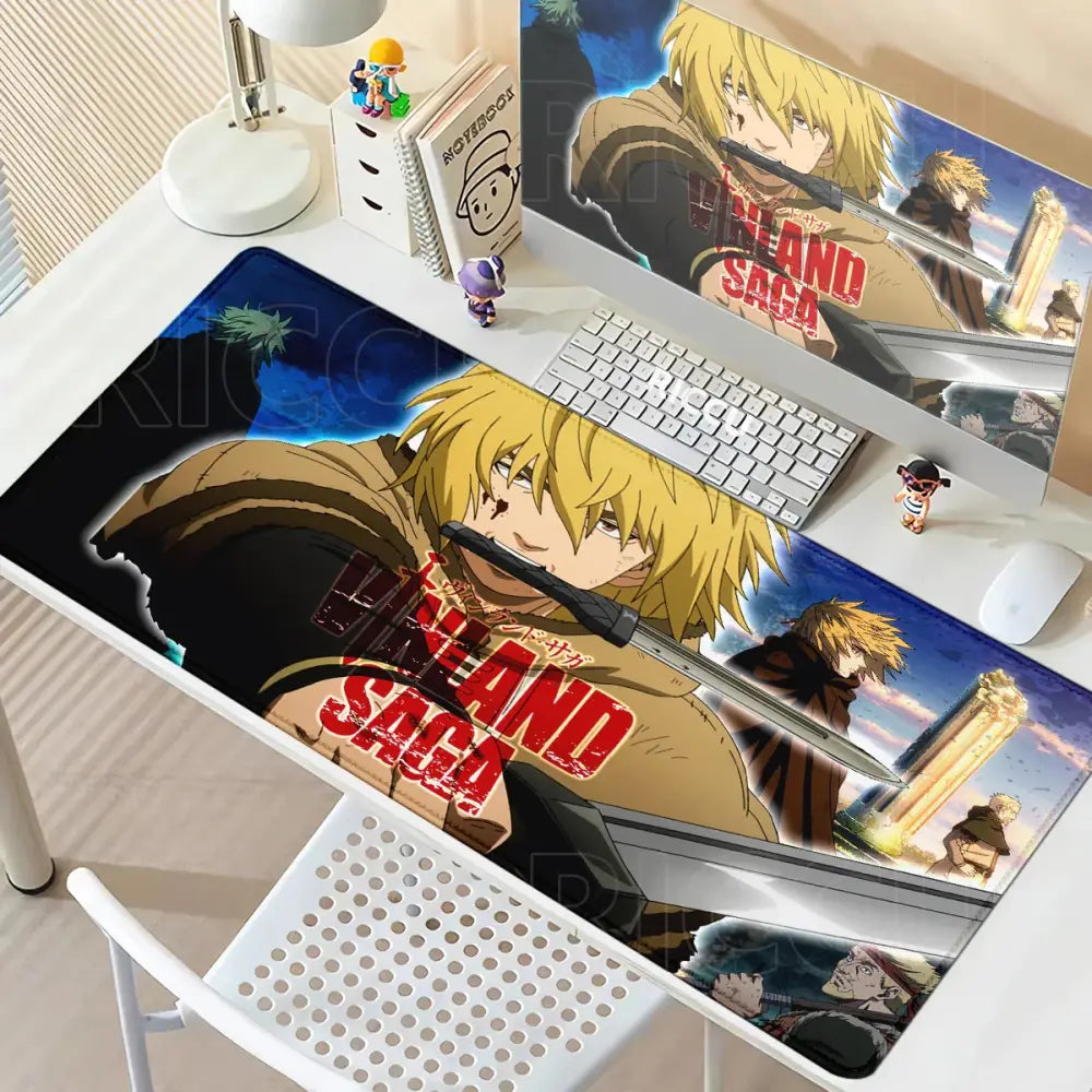 Blue and black vinland saga thorfinn mouse pad with blonde character illustration on anti slip rubber surface