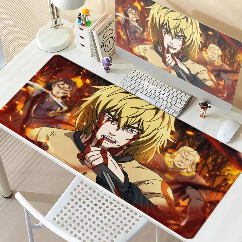 Vinland saga thorfinn mouse pad features a vibrant red and orange anime design with bloodstained blonde character on anti-slip rubber