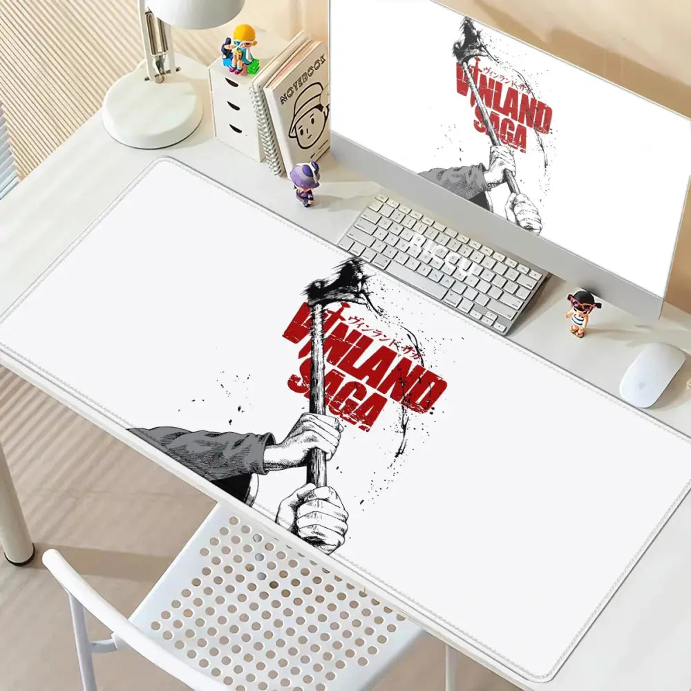 White vinland saga thorfinn mouse pad with black and red graphic design made of anti slip rubber material
