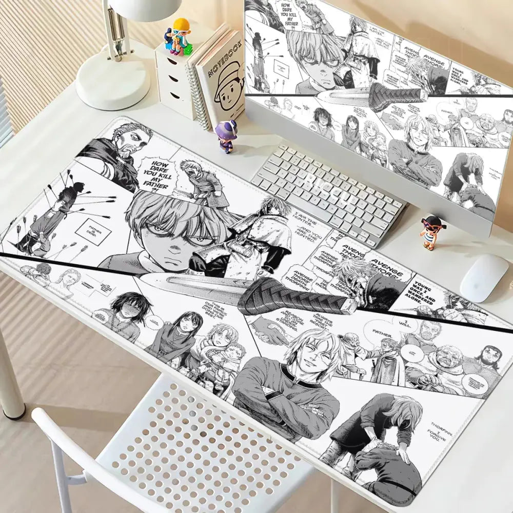Black and white vinland saga thorfinn mouse pad with detailed ink-style attack on titan illustrations on anti-slip rubber