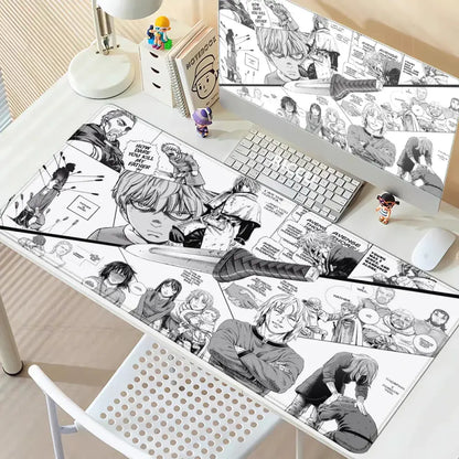 Black and white vinland saga thorfinn mouse pad with detailed ink-style attack on titan illustrations on anti-slip rubber