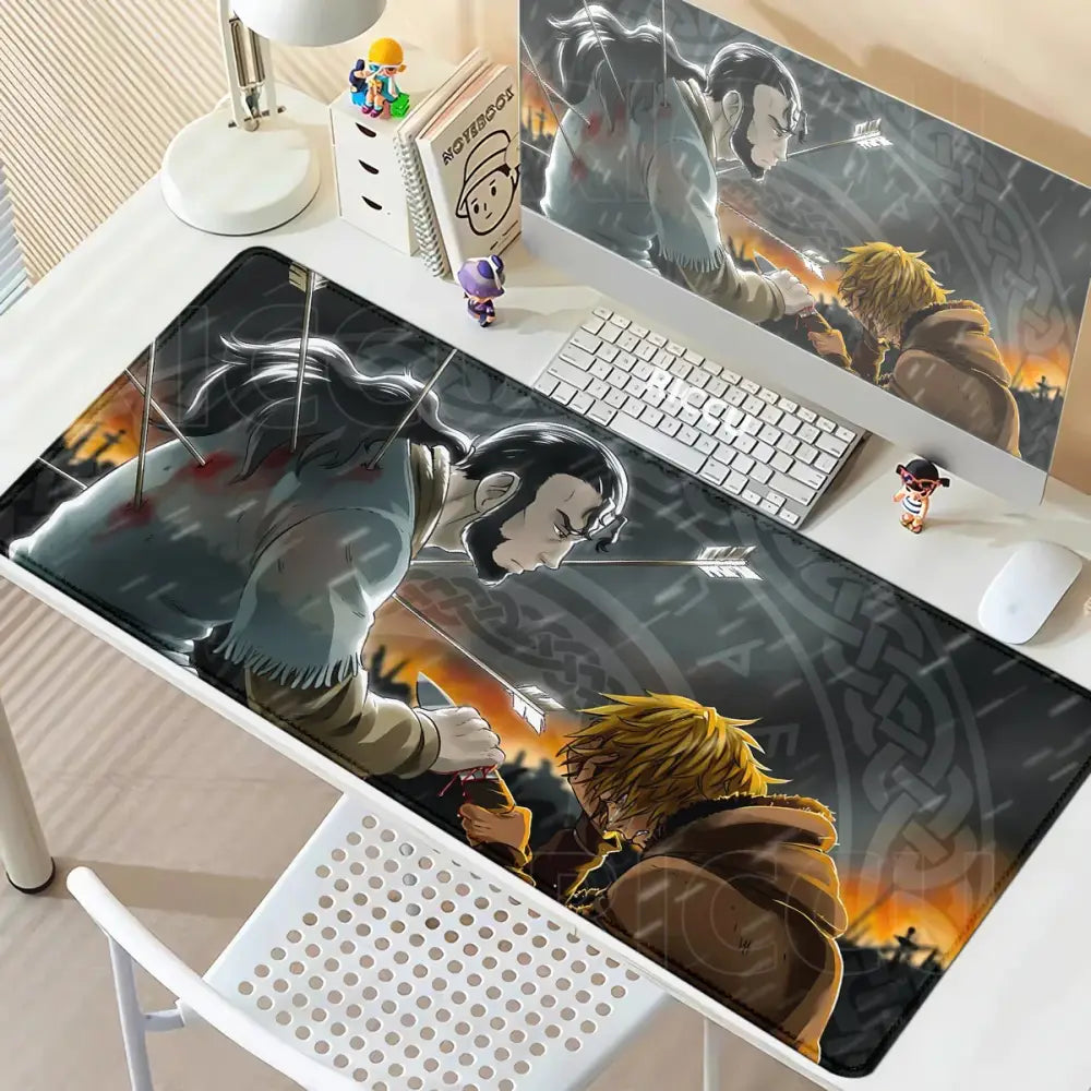 Black and gray vinland saga thorfinn mouse pad with anti-slip rubber and detailed warrior artwork on orange battlefield background