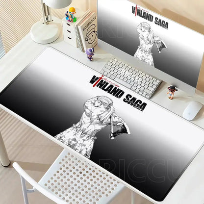 Black and white vinland saga thorfinn mouse pad featuring björn with axe on smooth anti slip rubber surface