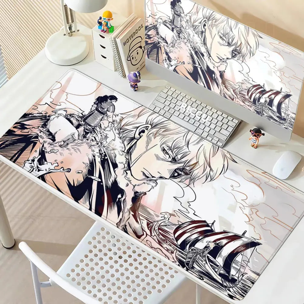 Large transparent vinland saga thorfinn mouse pad with black and white anime design and anti slip rubber base