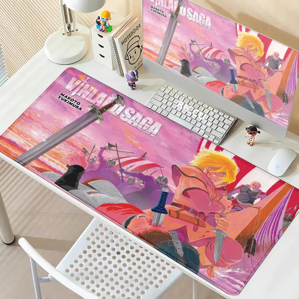 Vinland saga thorfinn mouse pad with pink and purple anime design on anti slip rubber featuring nakoto tukimura