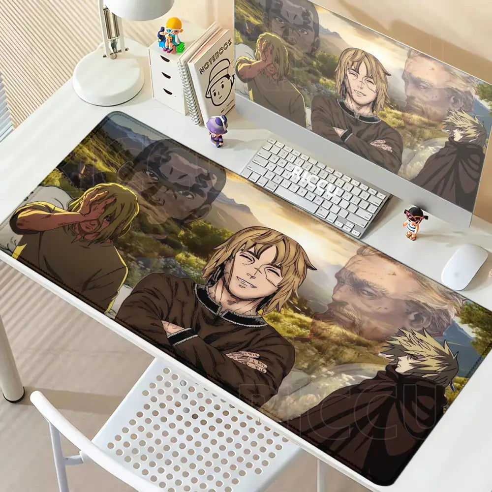 Vinland saga thorfinn mouse pad with anti slip rubber featuring detailed anime characters in brown earth tones