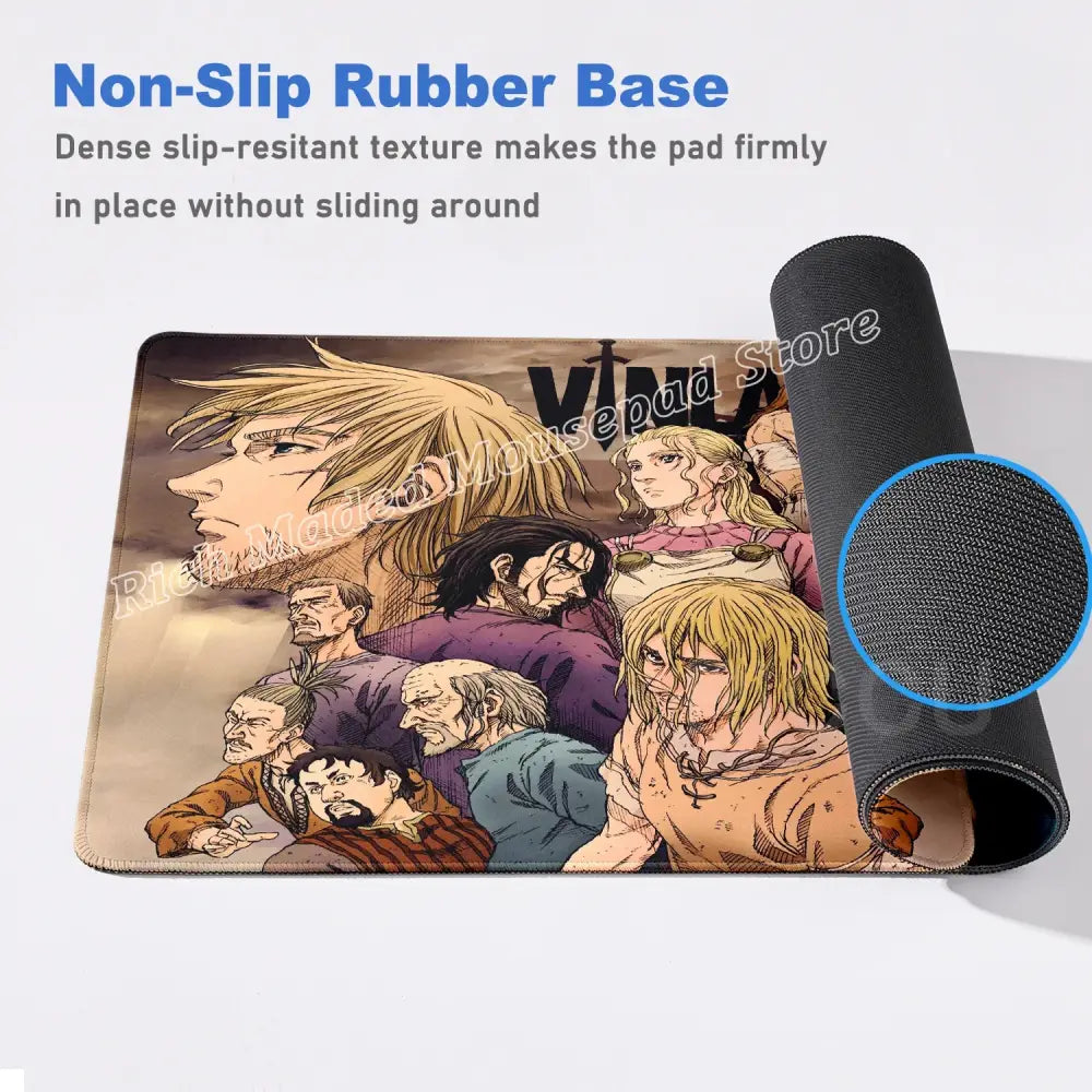 Vinland saga thorfinn mouse pad with detailed anime characters in earthy tones and black anti-slip rubber base