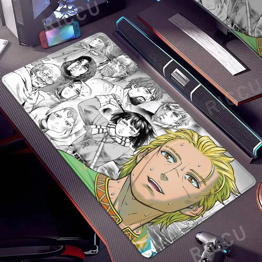 Rectangular vinland saga thorfinn mouse pad with black and white anime art and one colored character on anti slip rubber