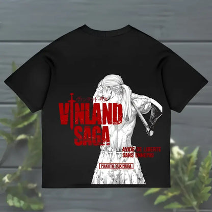Black unisex cotton short-sleeved t-shirt featuring a detailed vinland saga character illustration with red text and artist name