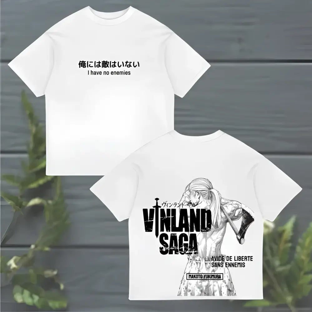 White unisex cotton t-shirt featuring a black vinland saga thorfinn graphic with bold text and japanese english phrases