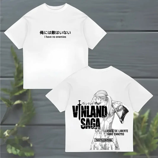 White unisex cotton t-shirt featuring a black vinland saga thorfinn graphic with bold text and japanese english phrases