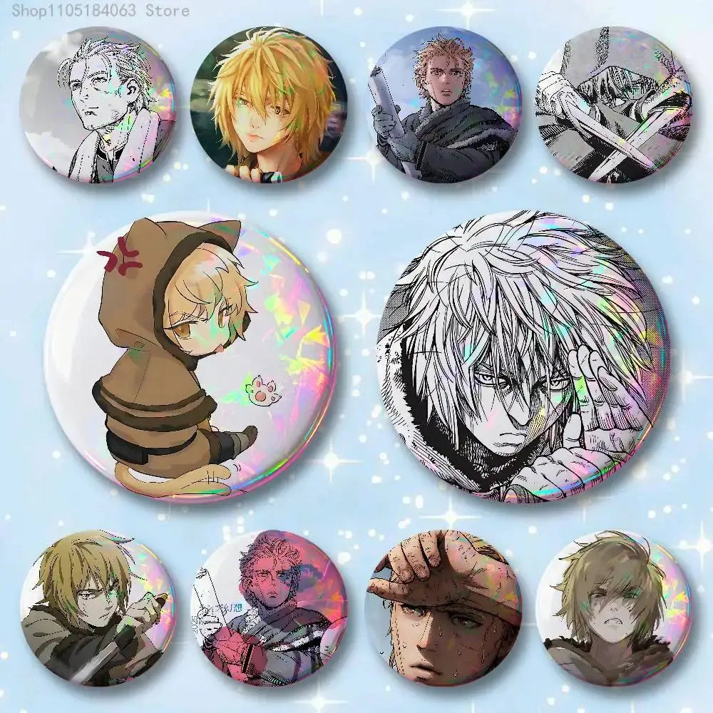 Vinland saga thorfinn pin badge round 25-75mm with holographic iridescent finish circular anime pin badge