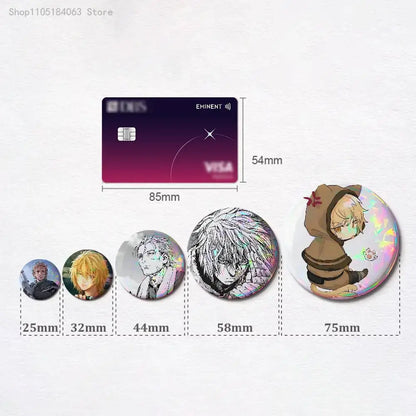 A collection of glossy anime-themed round pin badges featuring detailed thorfinn pin badge illustrations in various sizes